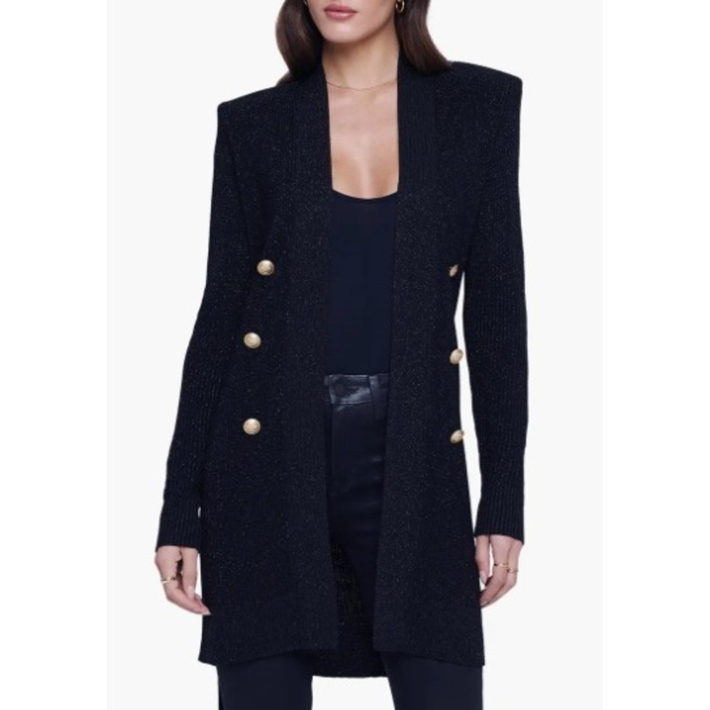 L'Agence Noe Black Metallic-Knit Longline Cardigan Gold Crest Button Belted
